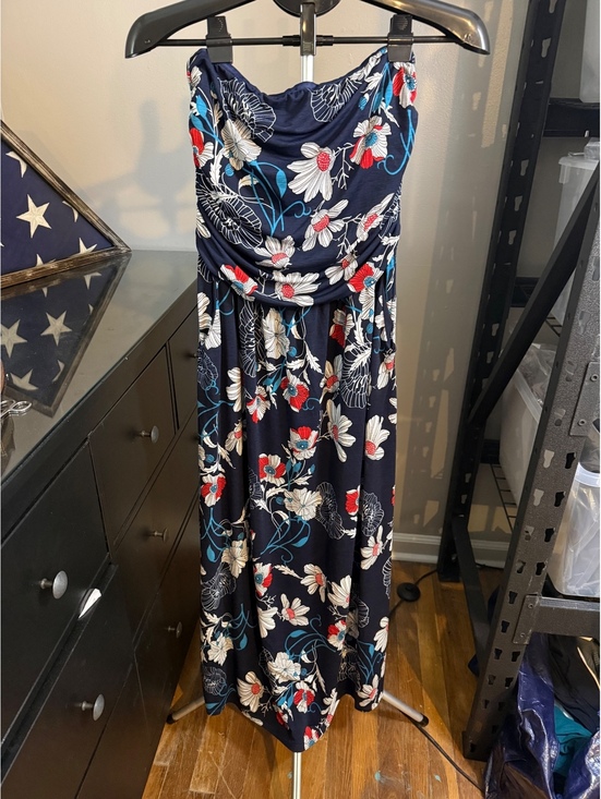 Dresses & Skirts - Eloges XL Navy Floral Strapless Maxi Dress Ruched Tube Top Pockets